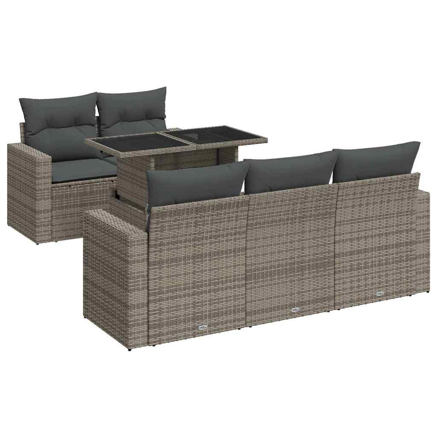 6-delige Loungeset met kussens poly rattan grijs