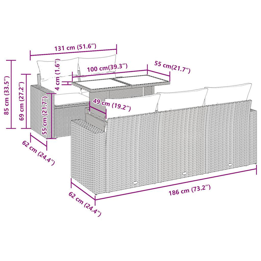 6-delige Loungeset met kussens poly rattan grijs