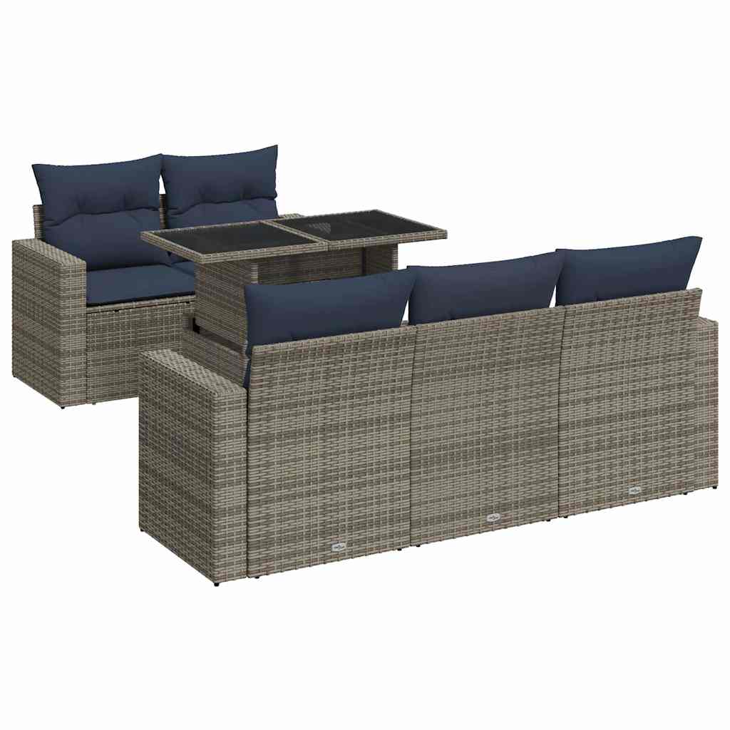 6-delige Loungeset met kussens poly rattan acacia grijs
