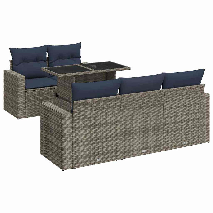 6-delige Loungeset met kussens poly rattan acacia grijs