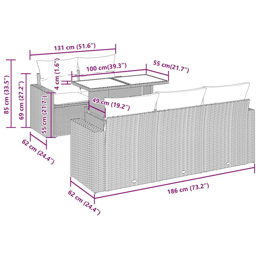 6-delige Loungeset met kussens poly rattan bruin