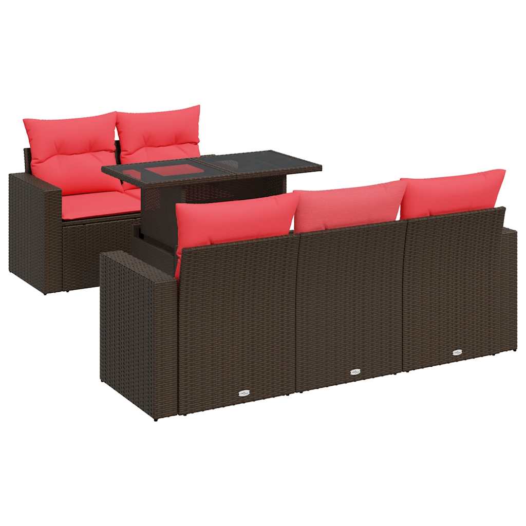 6-delige Loungeset met kussens poly rattan acacia bruin