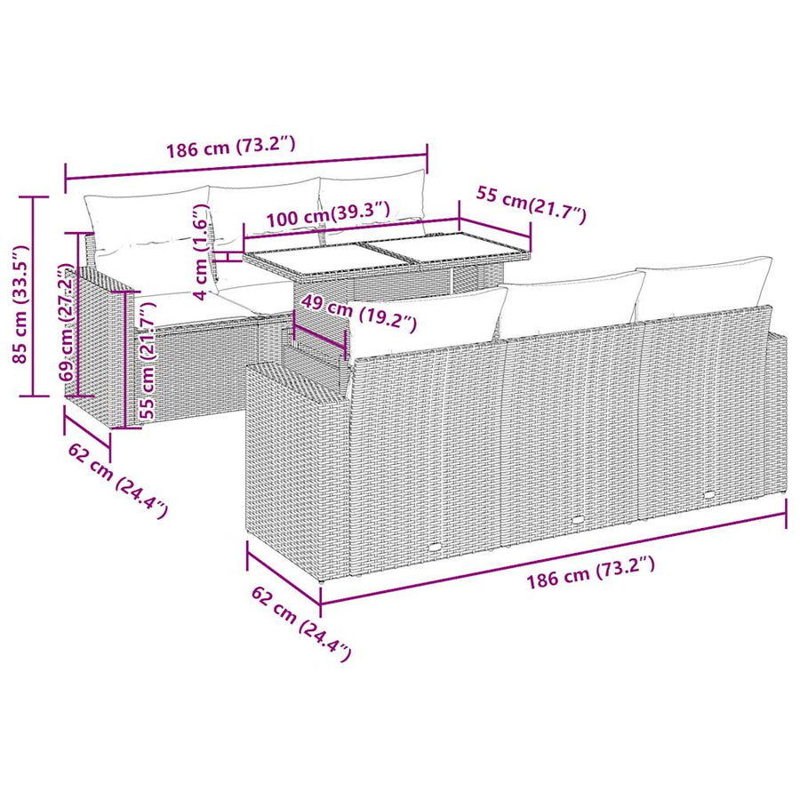 7-delige Loungeset met kussens poly rattan zwart