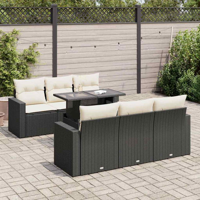 7-delige Loungeset met kussens poly rattan zwart