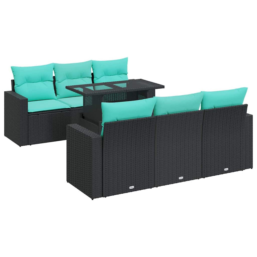 7-delige Loungeset met kussens poly rattan acacia zwart