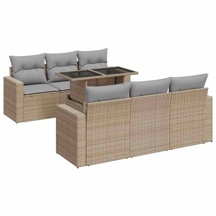 7-delige Loungeset met kussens poly rattan beige