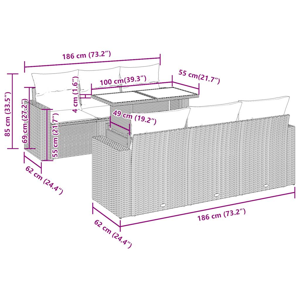 7-delige Loungeset met kussens poly rattan grijs