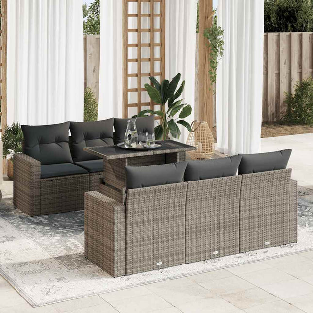 7-delige Loungeset met kussens poly rattan grijs