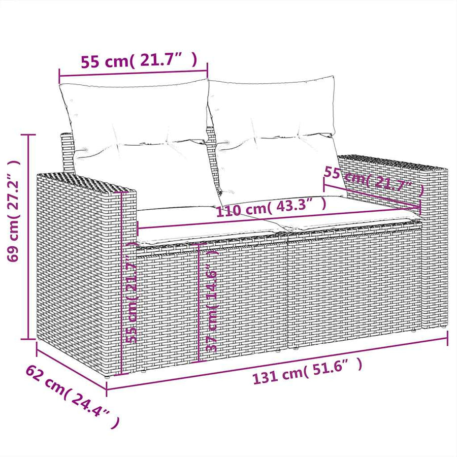 7-delige Loungeset met kussens poly rattan acacia grijs