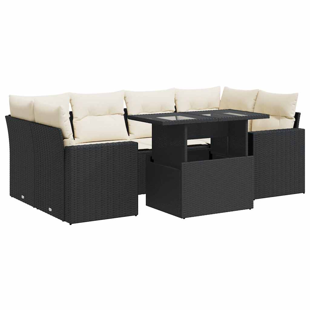 7-delige Loungeset met kussens poly rattan zwart