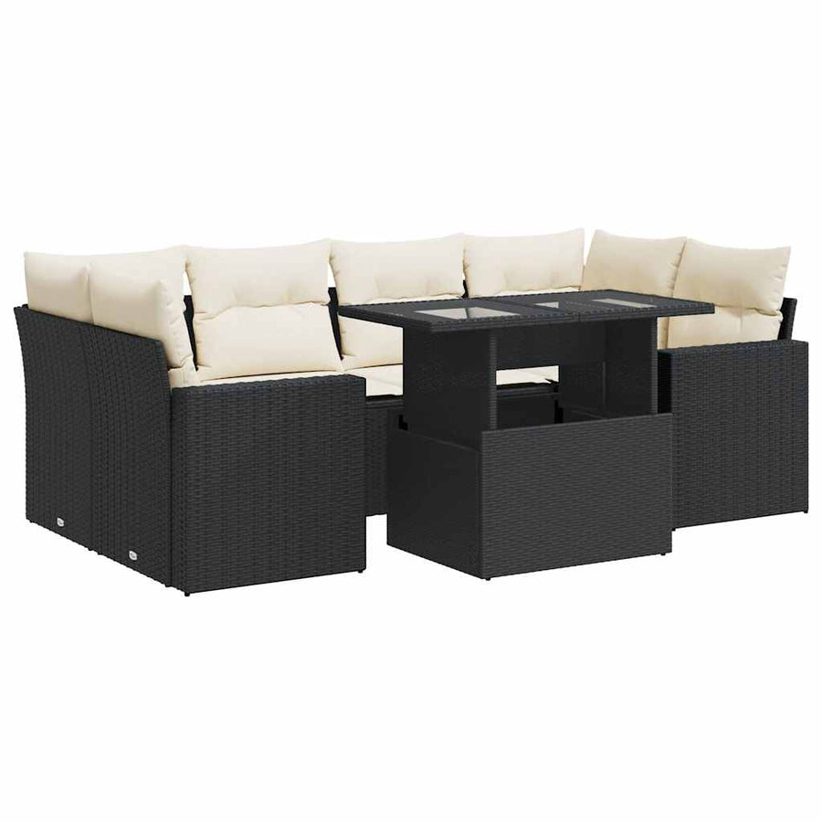 7-delige Loungeset met kussens poly rattan zwart