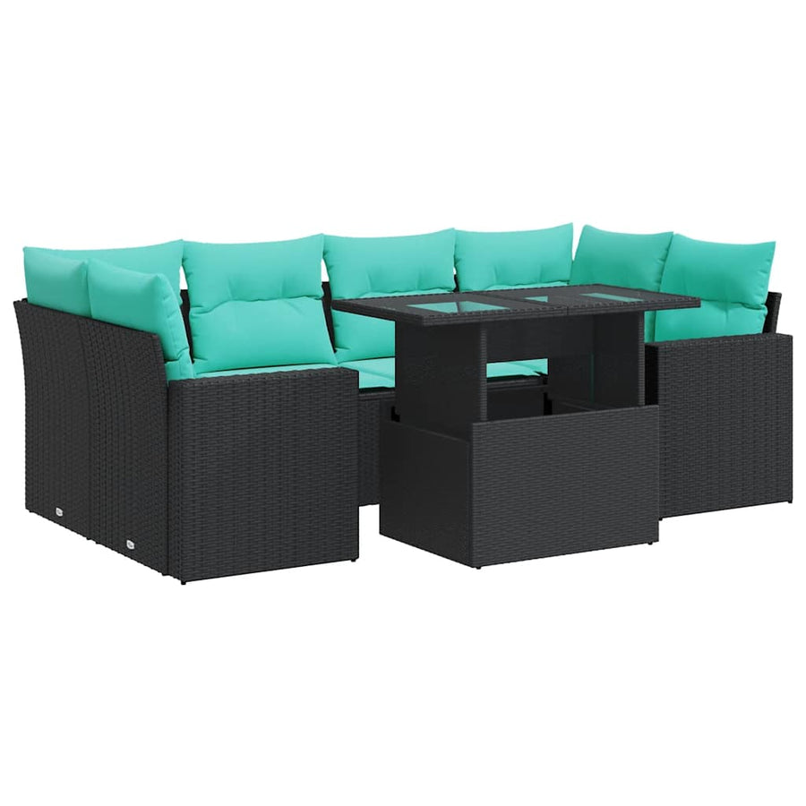7-delige Loungeset met kussens poly rattan acacia zwart