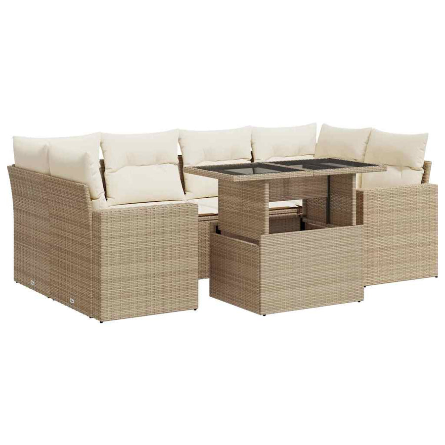7-delige Loungeset met kussens poly rattan beige