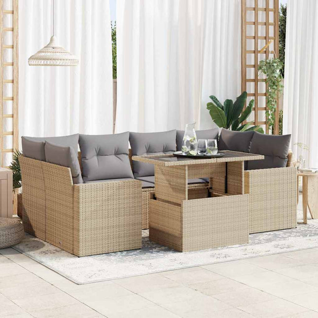 7-delige Loungeset met kussens poly rattan beige