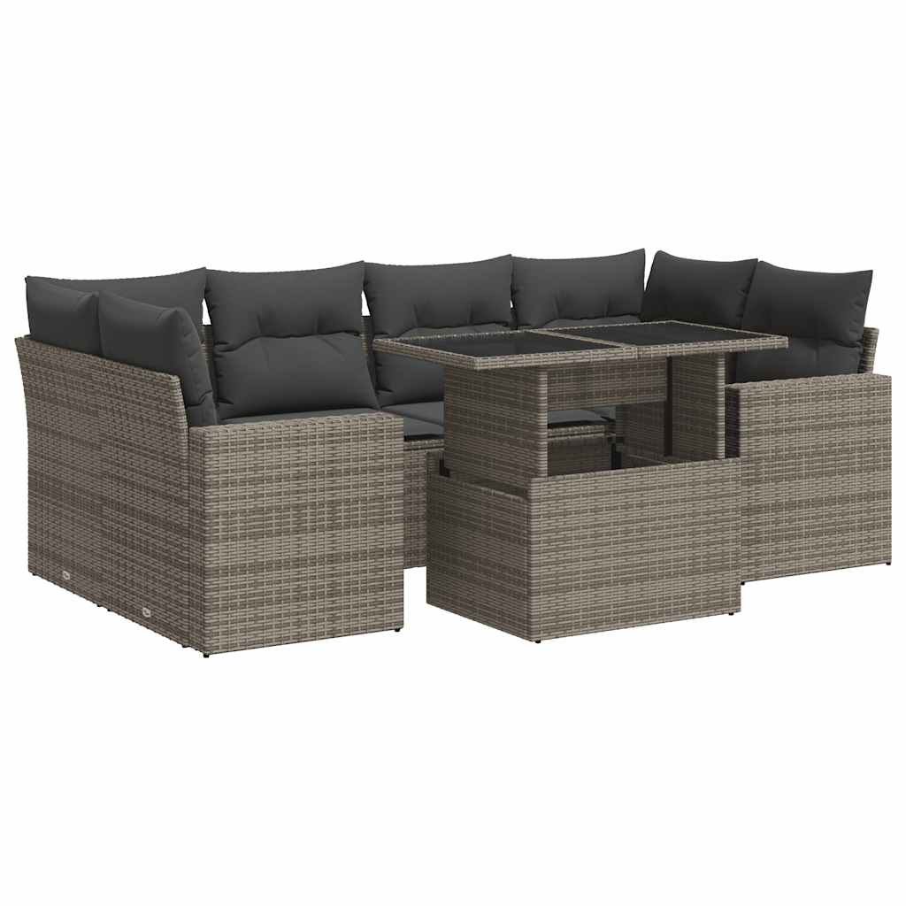 7-delige Loungeset met kussens poly rattan grijs
