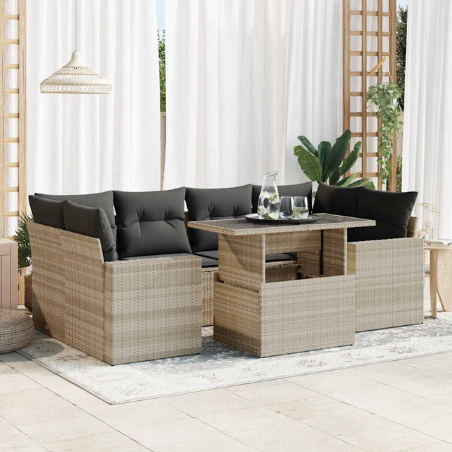 7-delige Loungeset met kussens poly rattan lichtgrijs