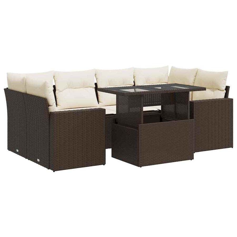 7-delige Loungeset met kussens poly rattan bruin