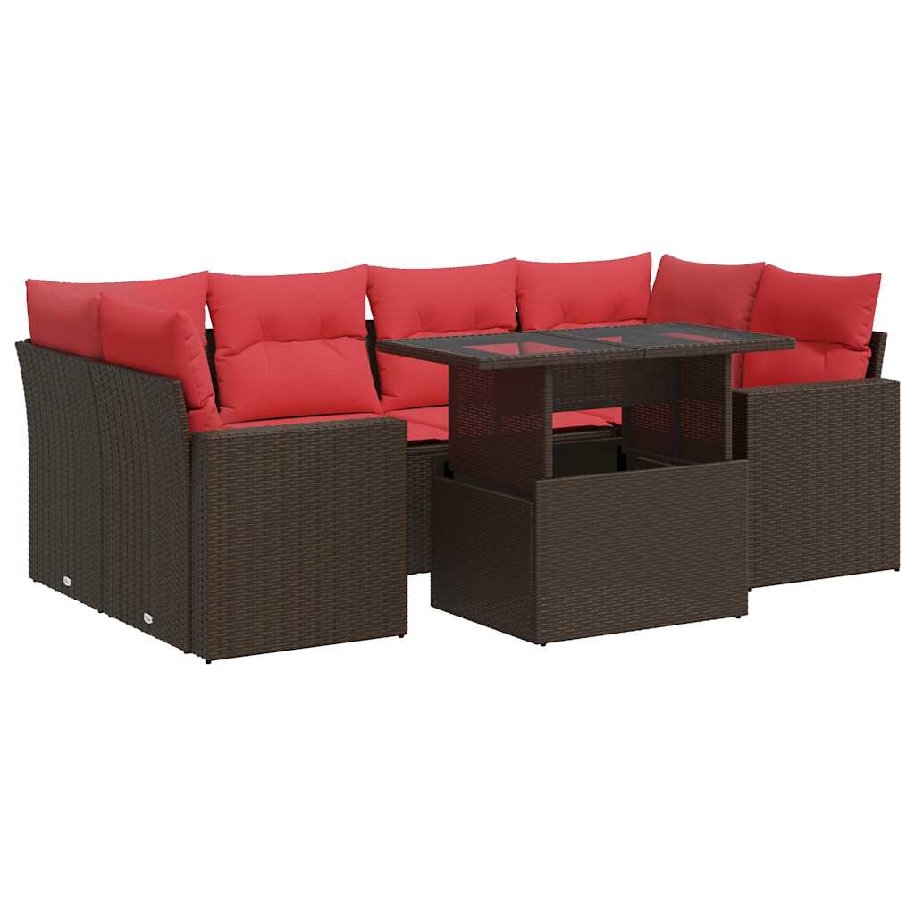 7-delige Loungeset met kussens poly rattan acacia bruin