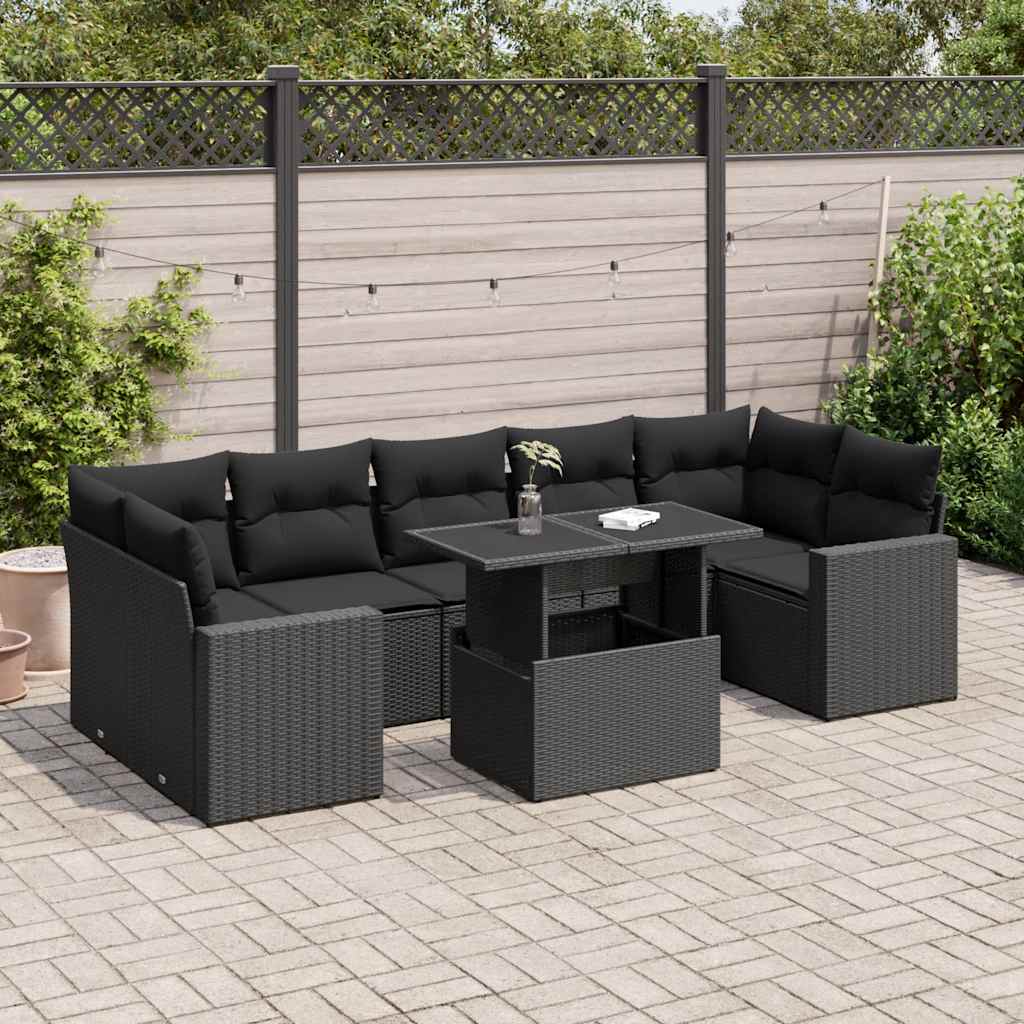 8-delige Loungeset met kussens poly rattan zwart