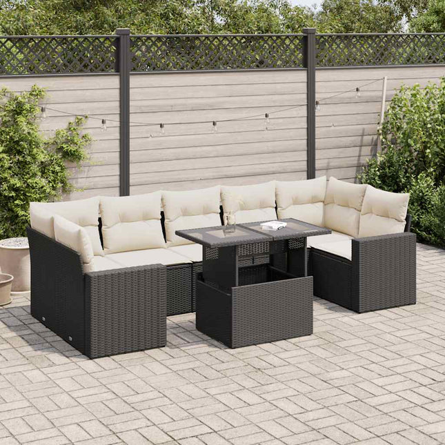 8-delige Loungeset met kussens poly rattan zwart