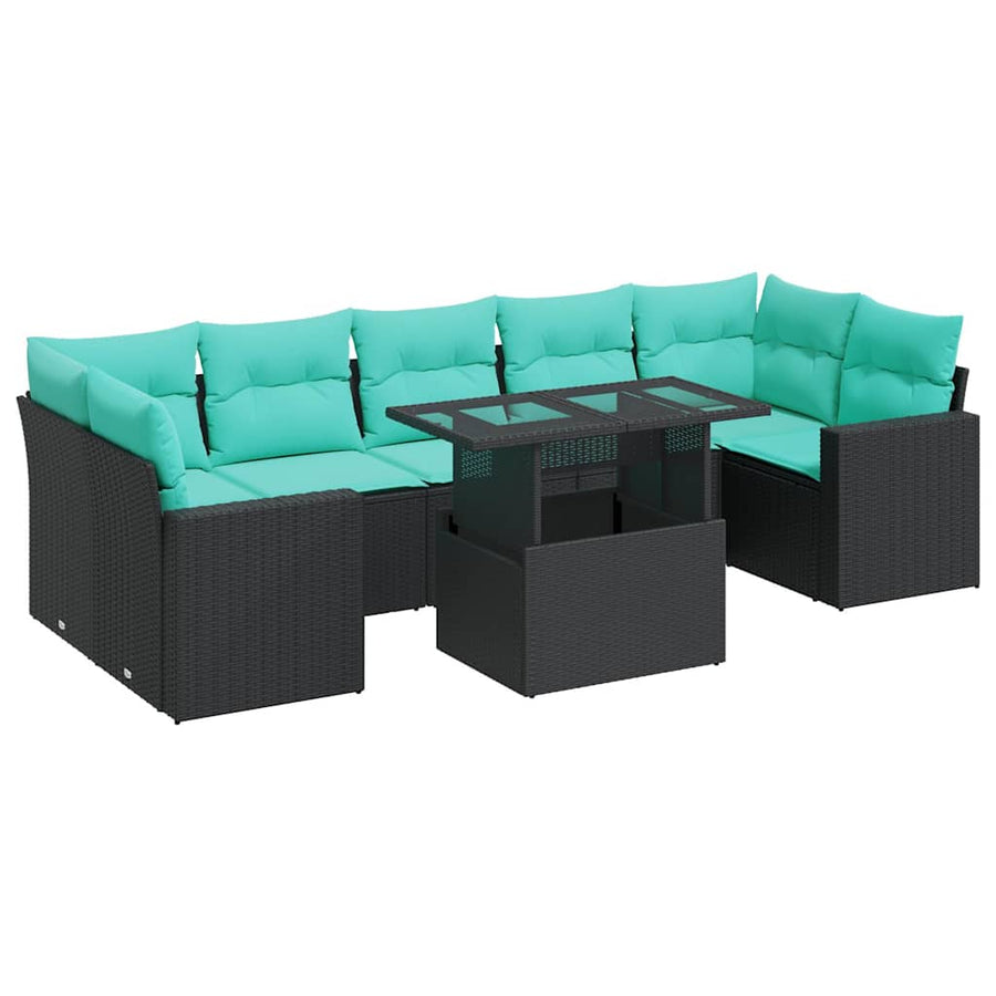 8-delige Loungeset met kussens poly rattan acacia zwart