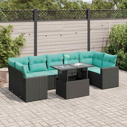 8-delige Loungeset met kussens poly rattan acacia zwart