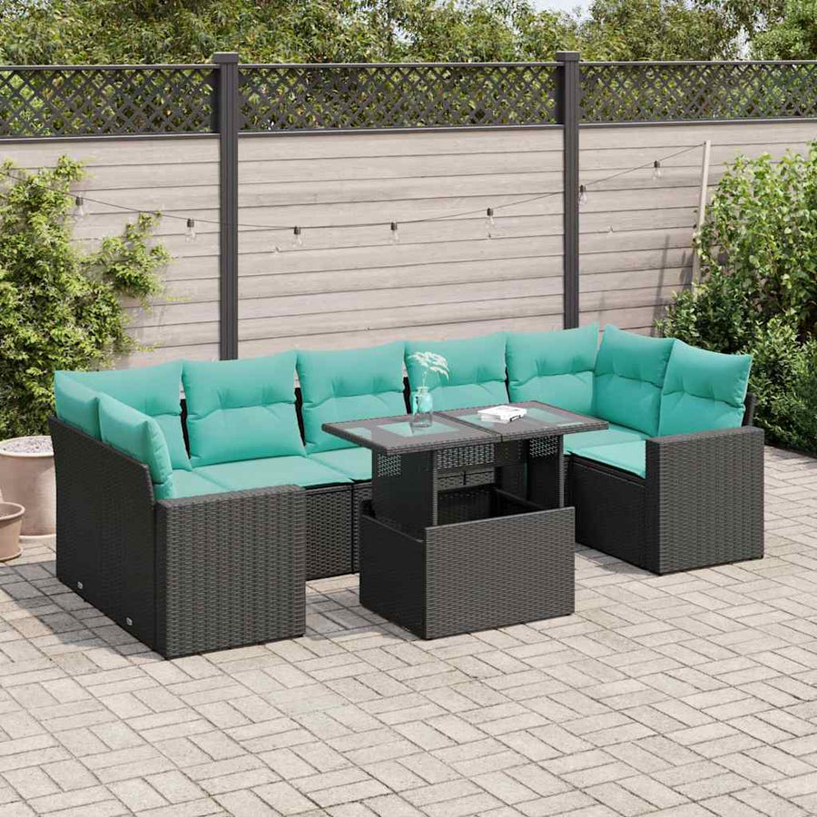 8-delige Loungeset met kussens poly rattan acacia zwart