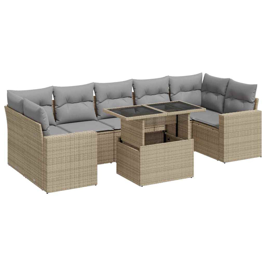 8-delige Loungeset met kussens poly rattan beige