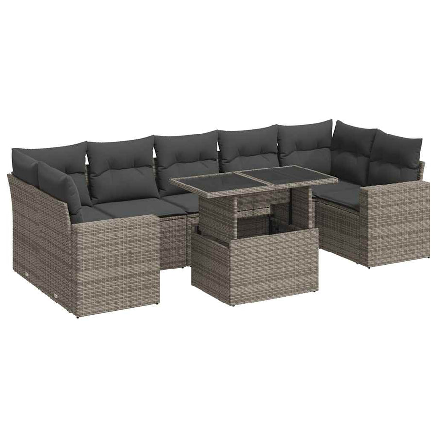 8-delige Loungeset met kussens poly rattan grijs
