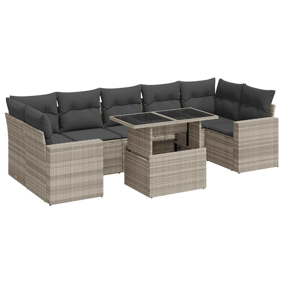 8-delige Loungeset met kussens poly rattan lichtgrijs