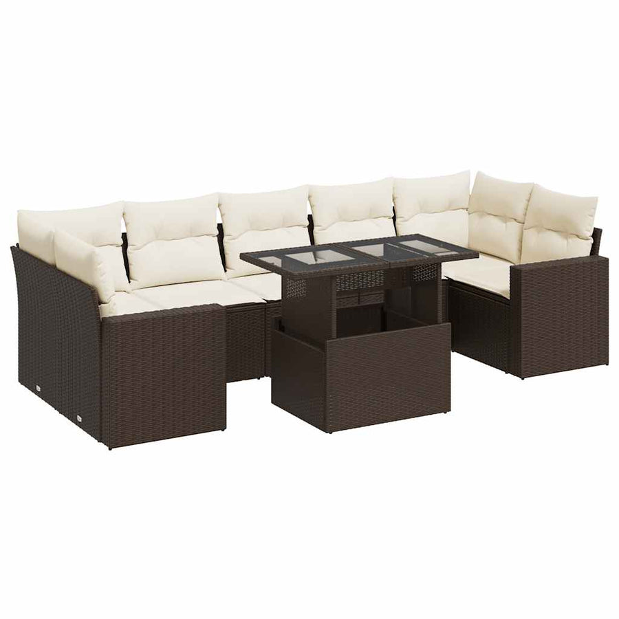 8-delige Loungeset met kussens poly rattan bruin