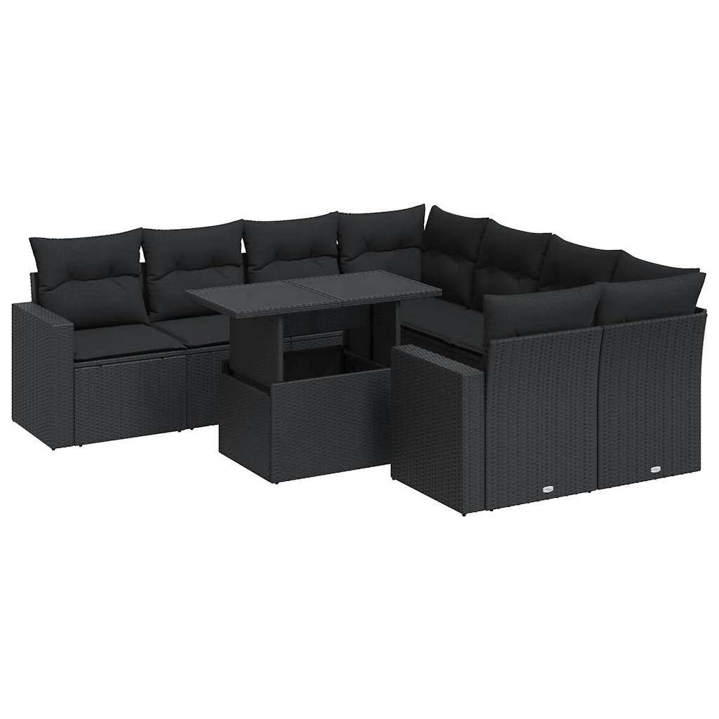 9-delige Loungeset met kussens poly rattan zwart