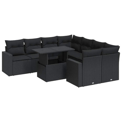 9-delige Loungeset met kussens poly rattan zwart