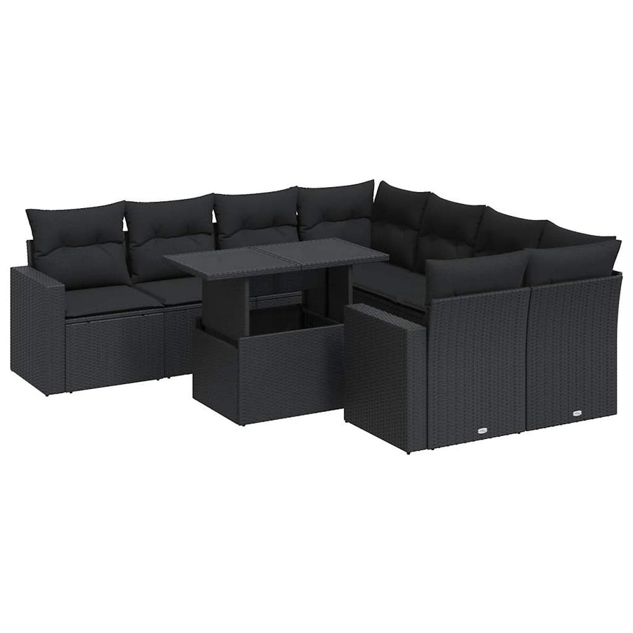 9-delige Loungeset met kussens poly rattan zwart