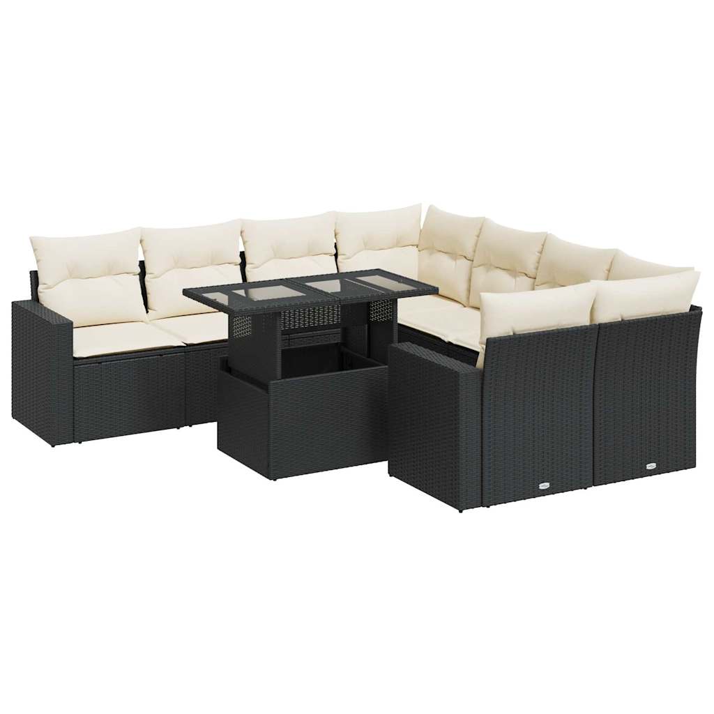 9-delige Loungeset met kussens poly rattan zwart