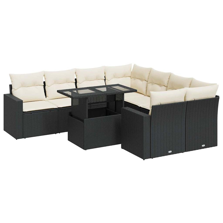 9-delige Loungeset met kussens poly rattan zwart