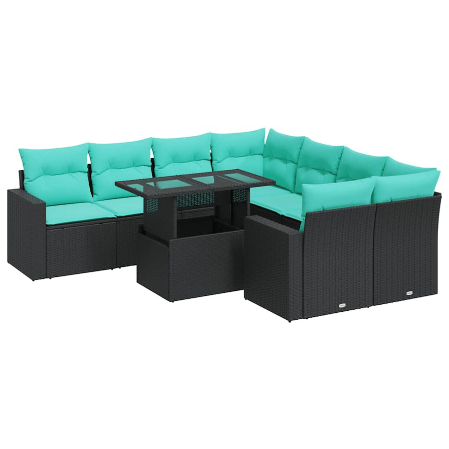 9-delige Loungeset met kussens poly rattan acacia zwart
