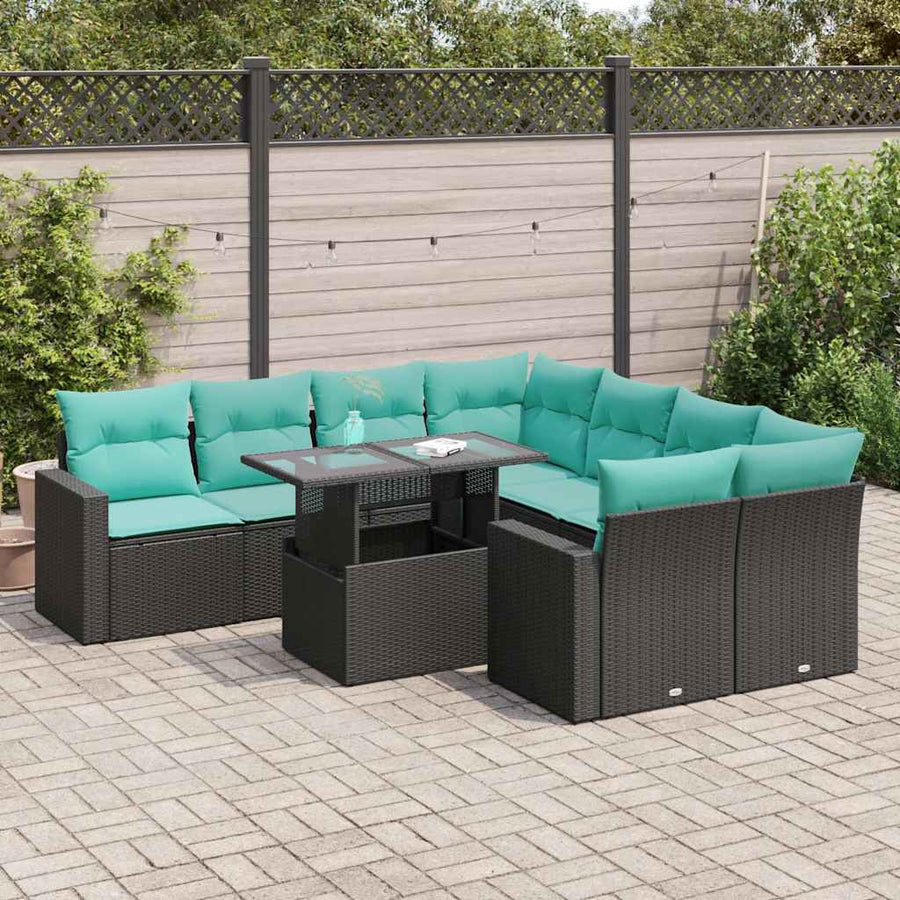 9-delige Loungeset met kussens poly rattan acacia zwart