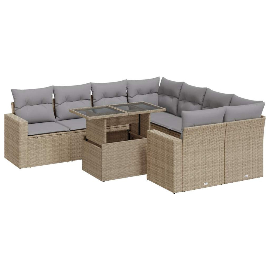 9-delige Loungeset met kussens poly rattan beige