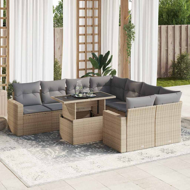 9-delige Loungeset met kussens poly rattan beige