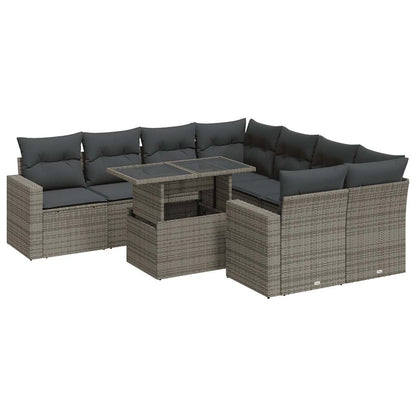 9-delige Loungeset met kussens poly rattan grijs