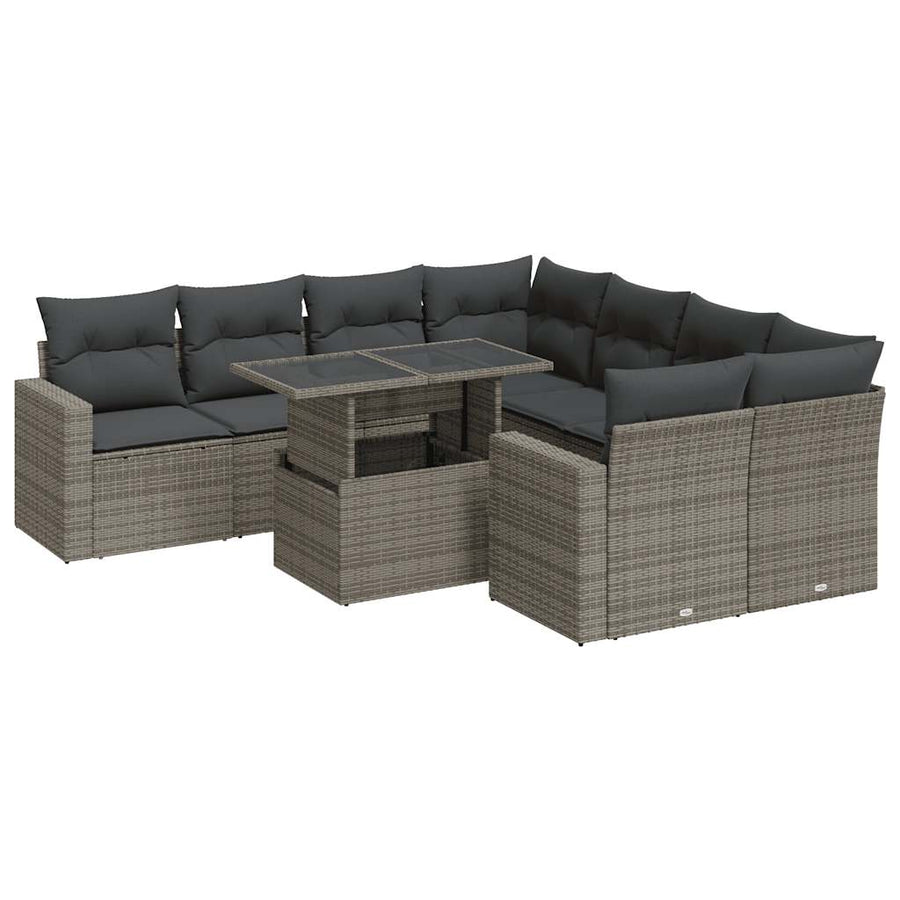 9-delige Loungeset met kussens poly rattan grijs