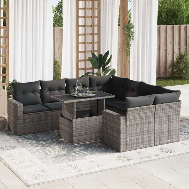 9-delige Loungeset met kussens poly rattan grijs