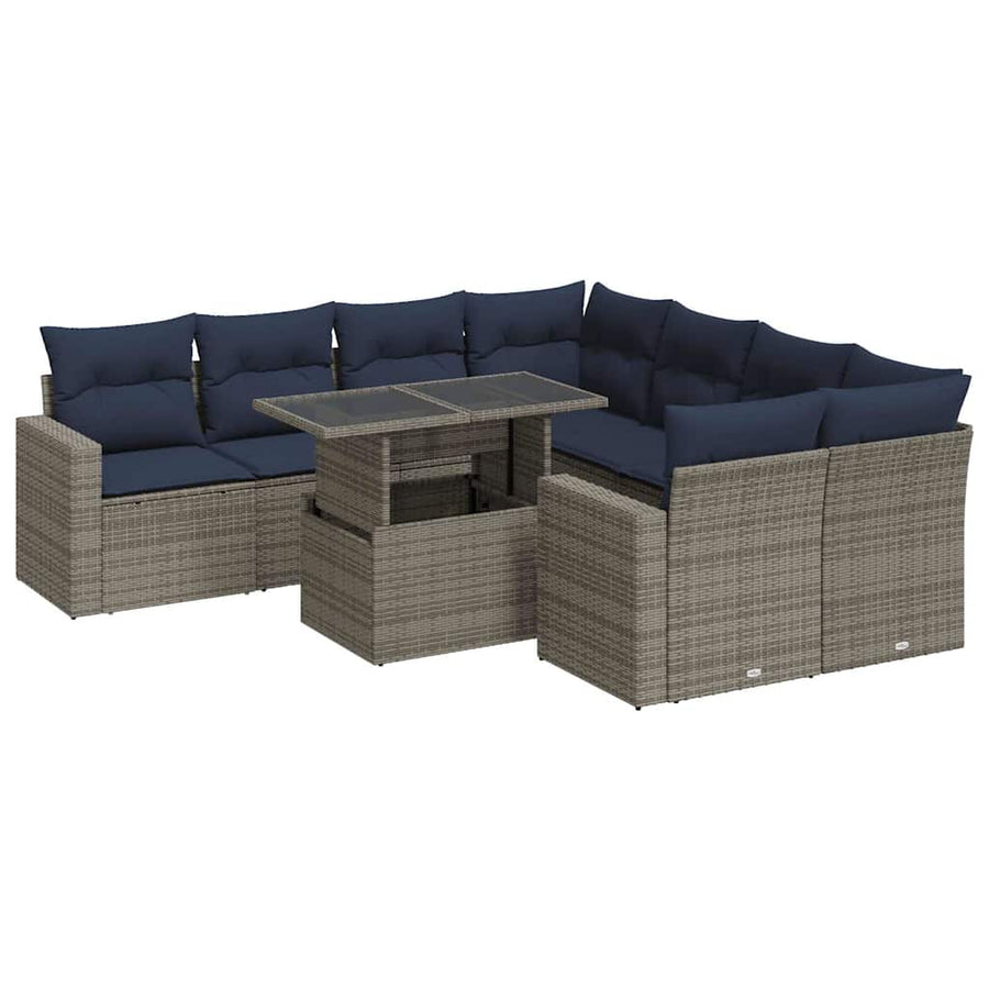 9-delige Loungeset met kussens poly rattan acacia grijs