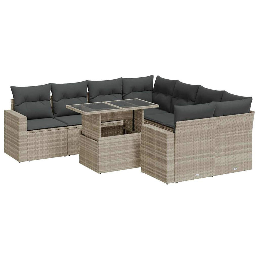 9-delige Loungeset met kussens poly rattan lichtgrijs