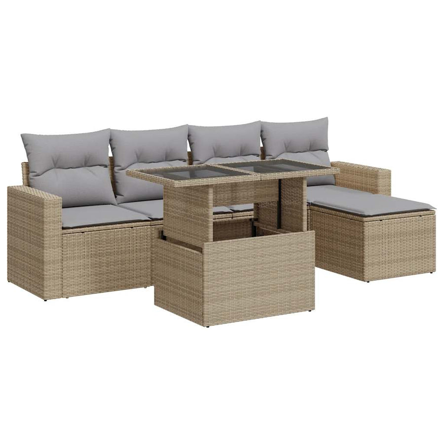 6-delige Loungeset met kussens poly rattan beige