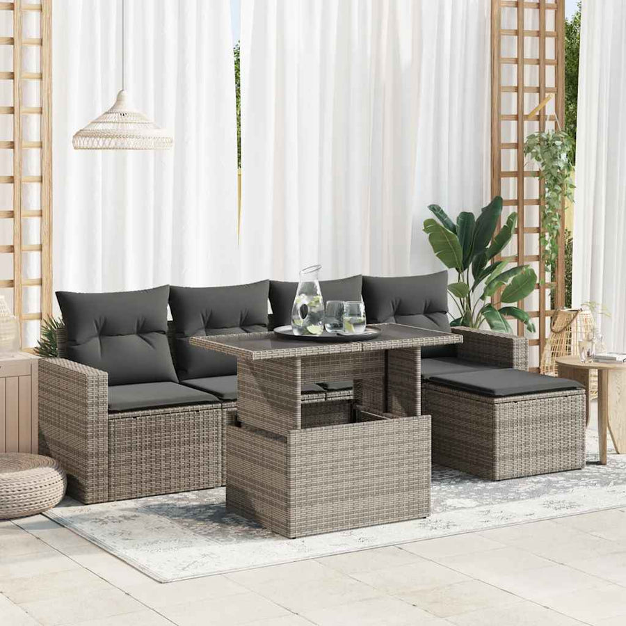 6-delige Loungeset met kussens poly rattan grijs