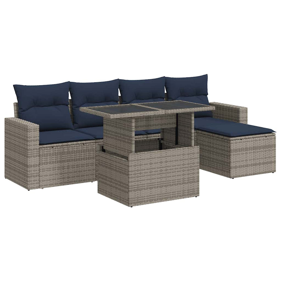 6-delige Loungeset met kussens poly rattan acacia grijs