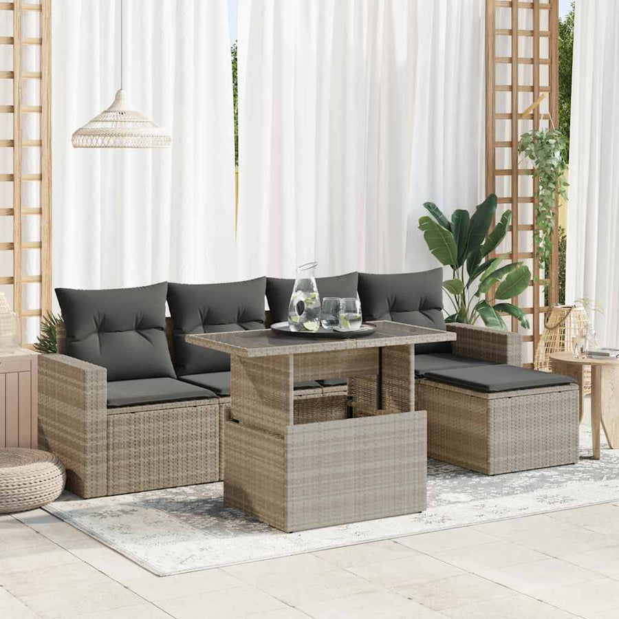 6-delige Loungeset met kussens poly rattan lichtgrijs
