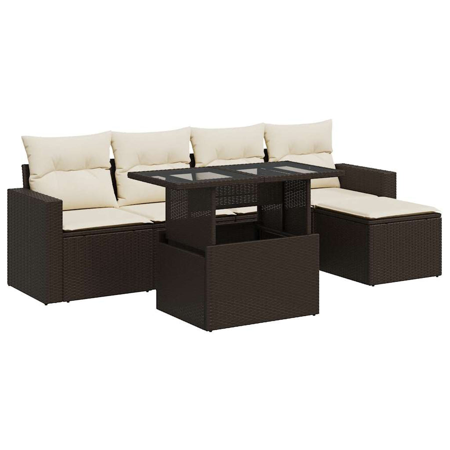 6-delige Loungeset met kussens poly rattan bruin